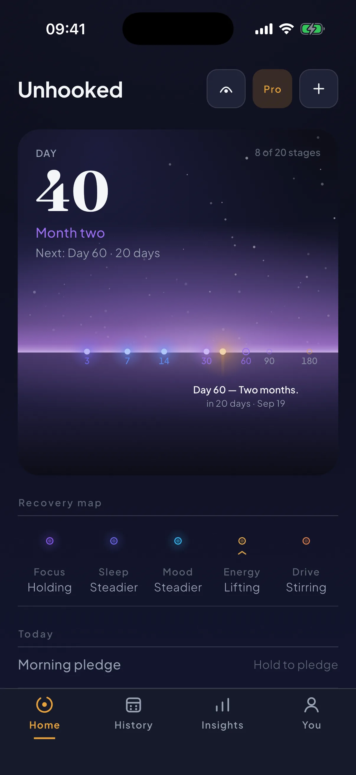 Unhooked home screen on day 40: DAY 40 set in type above a night sky lifting into dawn, with milestone lights along the horizon line at 3, 7, 14, 30 and 60 and the marks at 90 and 180 still unlit, and the reading "Day 60 — Two months. In 20 days, Sep 19". Under it a recovery map row — focus holding, sleep steadier, mood steadier, energy lifting, drive stirring — and the first of today's rows, the morning pledge. Tabs across the bottom: Home, History, Insights, You.