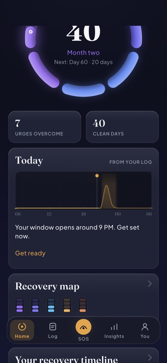Unhooked home screen: a 24-hour band drawn from the user's own log, the hardest hours shaded ahead of the cursor, with the line 'Your window opens around 5 PM. Get set now.'