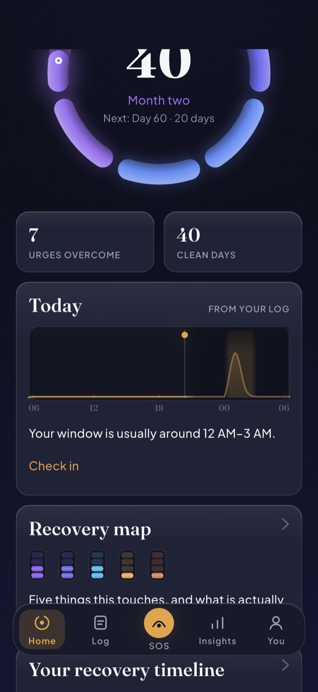 Unhooked home screen: a ring of milestone segments around Day 40, month two, next milestone day 60.